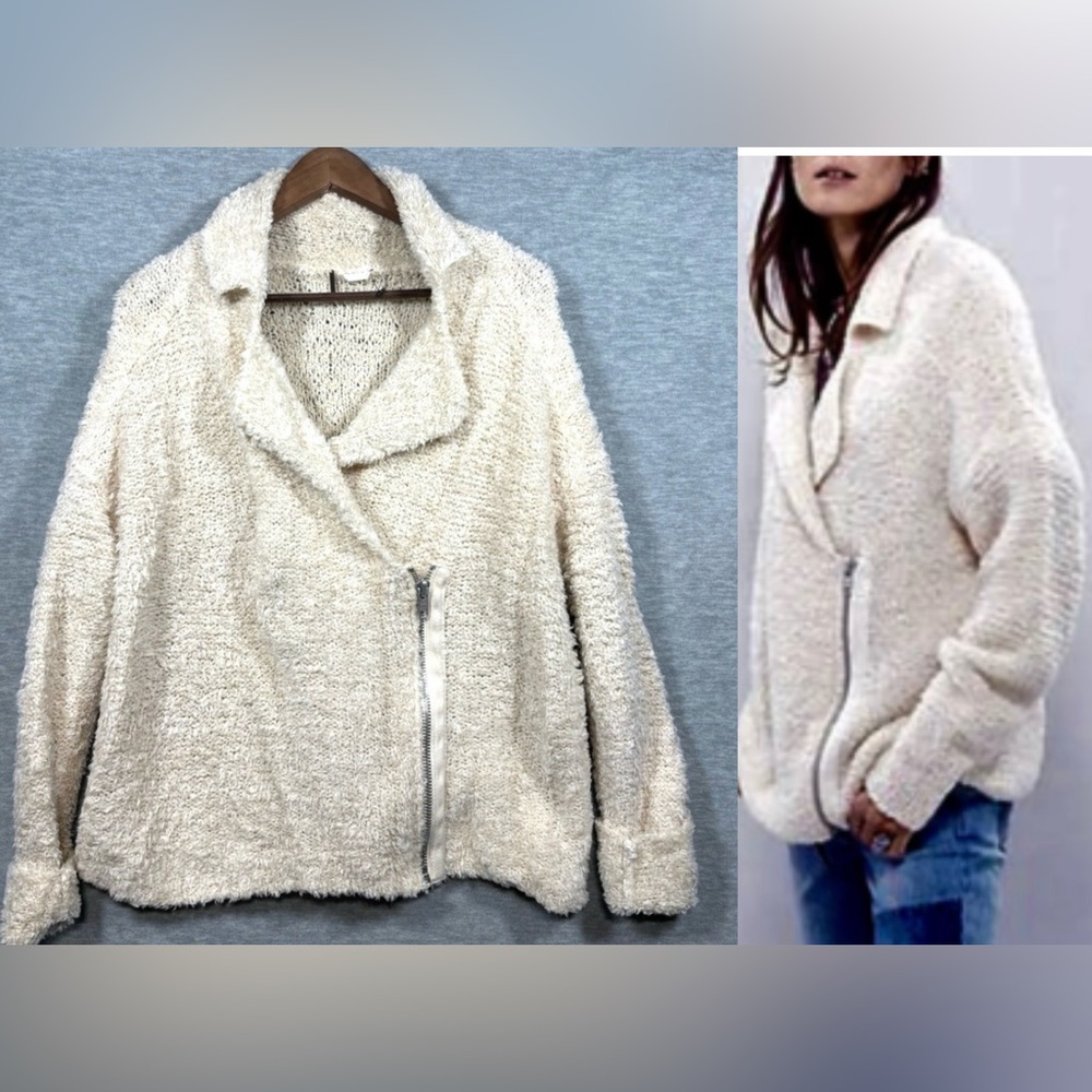 Free‎ People Womens S Sweater Wool Blend Cream Fuzzy Jacket Asymmetrical Zip